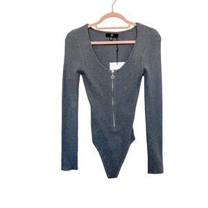 NWT Missguided Ribbed Long Sleeve Scoop Neck Thong Bodysuit Gray‎ Size 8